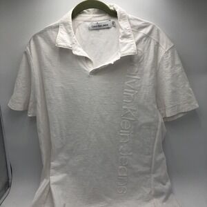 Calvin Klein Mens Polo Shirt Pull Over Used 100% Cotton Lettering Front White XL